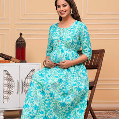 Aqua - Maternity Feeding Kurti with Zipper | Cotton Floral Printed Pregnancy & Nursing Dress | Comfortable & Stylish Maternity Wear for Women | Breastfeeding Kurta with Zipper | Soft & Elegant