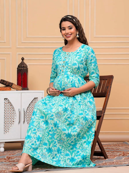 Aqua - Maternity Feeding Kurti with Zipper | Cotton Floral Printed Pregnancy & Nursing Dress | Comfortable & Stylish Maternity Wear for Women | Breastfeeding Kurta with Zipper | Soft & Elegant
