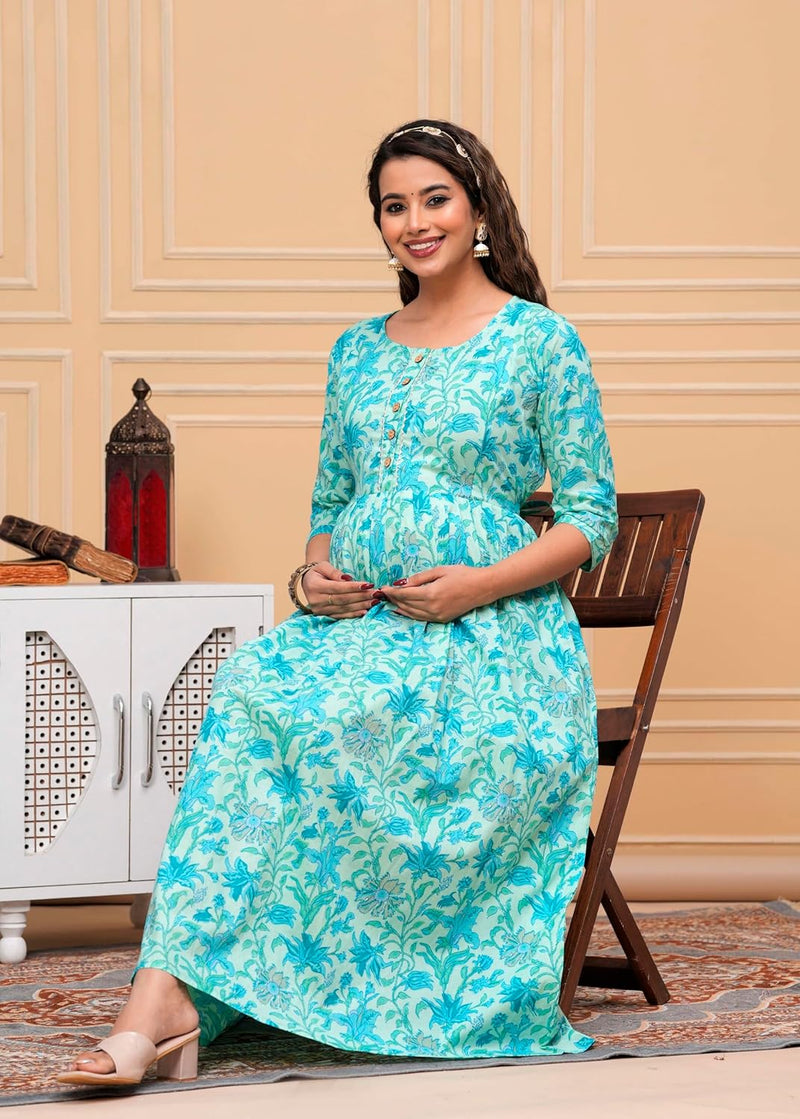 Aqua - JAIPURFAME Maternity Feeding Kurti with Zipper | Cotton Floral Printed Pregnancy & Nursing Dress | Comfortable & Stylish Maternity Wear for Women | Breastfeeding Kurta with Zipper | Soft & Elegant