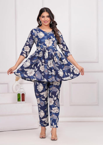 BLUE - JAIPURFAME Women’s Floral Printed Cotton Co-Set – Comfortable & Stylish Two-Piece Outfit in Perfect for Casual Wear, Vacation, or Everyday Style