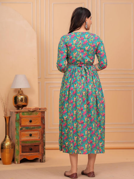 BLUE - Women's Stylish Pure Cotton Printed Kurti Gown – Comfortable and Elegant Maternity & Feeding Dress for Women