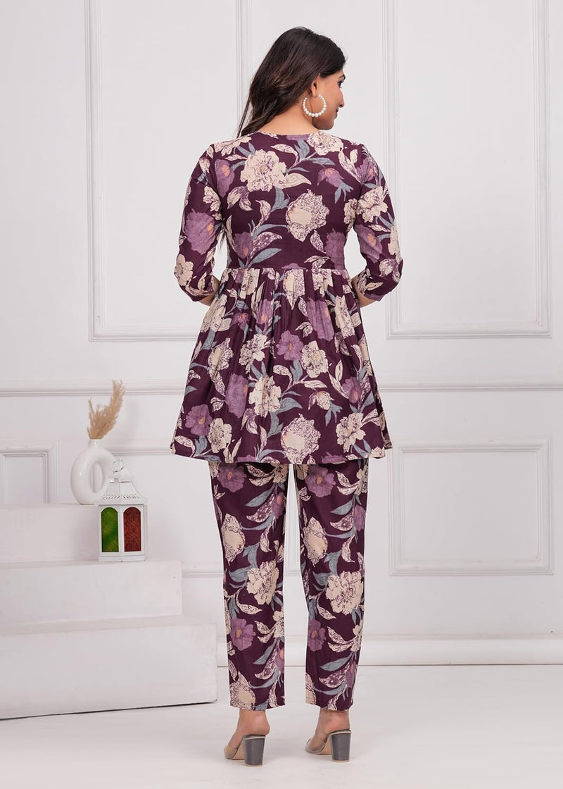 PURPLE - JAIPURFAME Women’s Floral Printed Cotton Co-Set – Comfortable & Stylish Two-Piece Outfit in Perfect for Casual Wear, Vacation, or Everyday Style