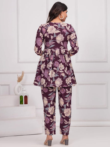 PURPLE - JAIPURFAME Women’s Floral Printed Cotton Co-Set – Comfortable & Stylish Two-Piece Outfit in Perfect for Casual Wear, Vacation, or Everyday Style