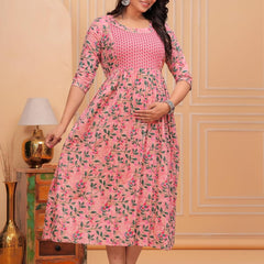 PINK - JAIPURFAME Pink Floral Cotton Maternity & Nursing Midi Dress with Front Zipper