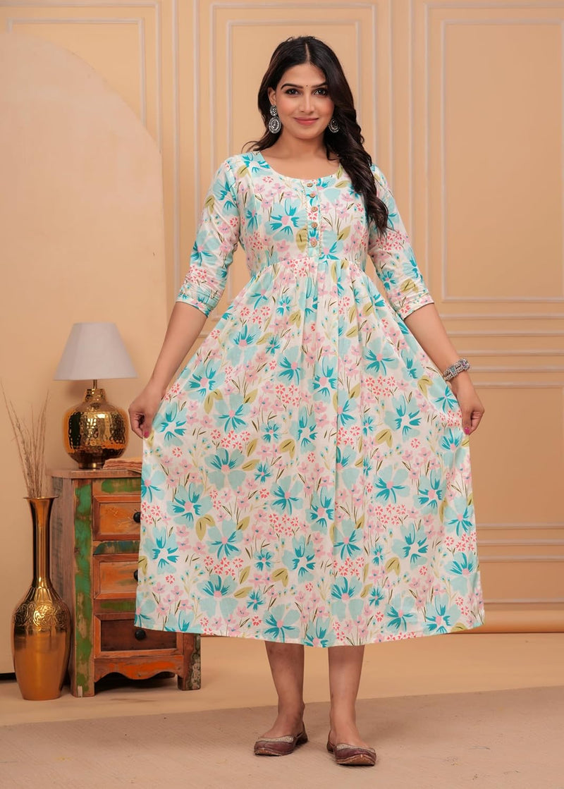 CREAM - Women's Stylish Pure Cotton Printed Kurti Gown – Comfortable and Elegant Maternity & Feeding Dress for Women