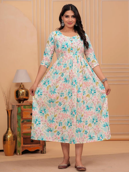 CREAM - Women's Stylish Pure Cotton Printed Kurti Gown – Comfortable and Elegant Maternity & Feeding Dress for Women