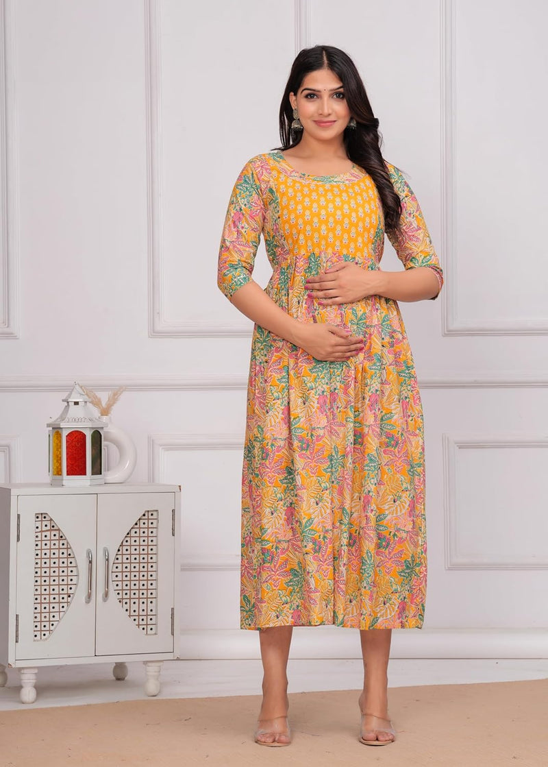YELLOW - JAIPURFAME Women's Stylish Pure Cotton Printed Kurti Gown – Comfortable and Elegant Maternity & Feeding Dress for Women