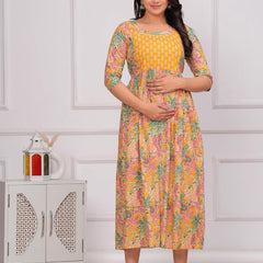 YELLOW - Women's Stylish Pure Cotton Printed Kurti Gown – Comfortable and Elegant Maternity & Feeding Dress for Women
