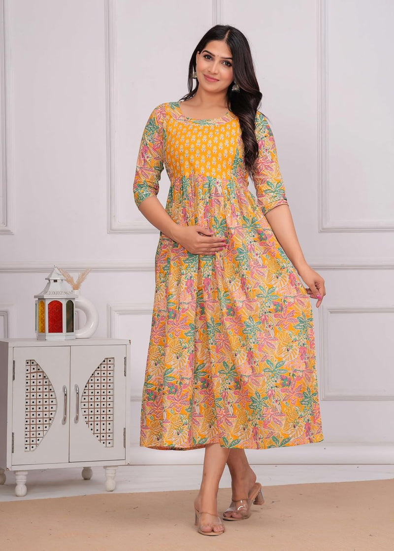 Yellow Green Floral - Maternity Feeding Kurti with Zipper | Cotton Floral Printed Pregnancy & Nursing Dress | Comfortable Maternity Wear for Women | Breastfeeding Kurta Set with Zip | Stylish & Soft