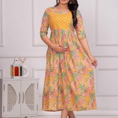 Yellow Green Floral - Maternity Feeding Kurti with Zipper | Cotton Floral Printed Pregnancy & Nursing Dress | Comfortable & Stylish Maternity Wear for Women | Breastfeeding Kurta with Zipper | Soft & Elegant
