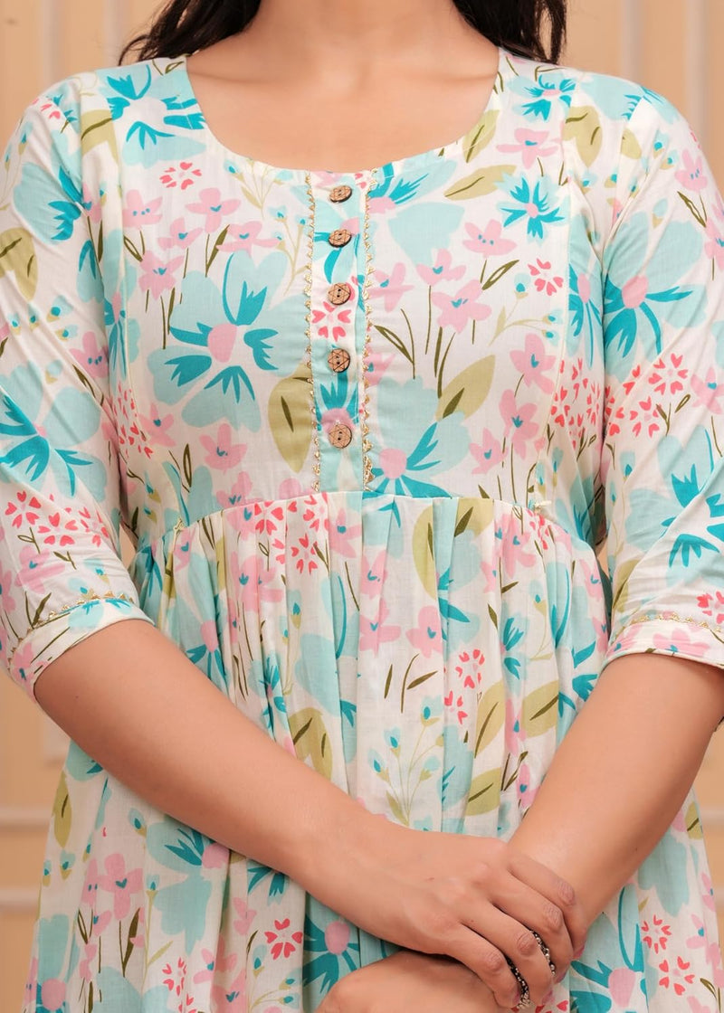 CREAM - Women's Stylish Pure Cotton Printed Kurti Gown – Comfortable and Elegant Maternity & Feeding Dress for Women