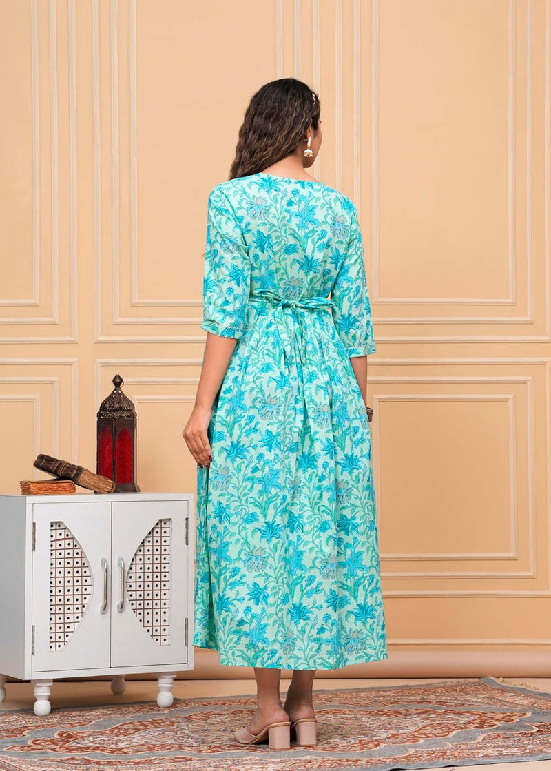 Electric Blue - Maternity Feeding Kurti with Zipper | Cotton Floral Printed Pregnancy & Nursing Dress | Comfortable Maternity Wear for Women | Breastfeeding Kurta Set with Zip | Stylish & Soft