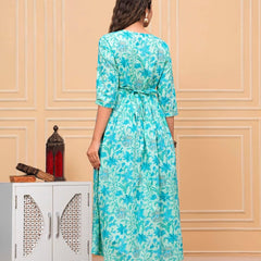 Electric Blue - Maternity Feeding Kurti with Zipper | Cotton Floral Printed Pregnancy & Nursing Dress | Comfortable Maternity Wear for Women | Breastfeeding Kurta Set with Zip | Stylish & Soft