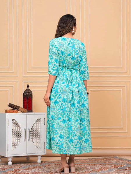 Electric Blue - Maternity Feeding Kurti with Zipper | Cotton Floral Printed Pregnancy & Nursing Dress | Comfortable Maternity Wear for Women | Breastfeeding Kurta Set with Zip | Stylish & Soft