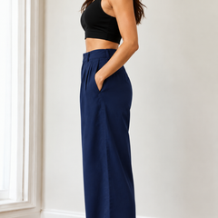 Women’s  Navy Blue Wide Leg Linen Pants with Pockets