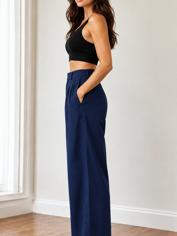 Women’s  Navy Blue Wide Leg Linen Pants with Pockets
