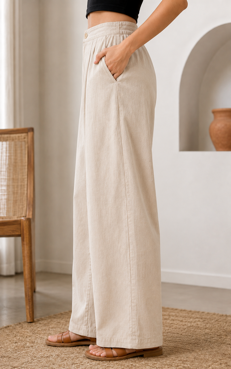 Women’s Beige High-Waisted Wide Leg Linen Pants with Pockets