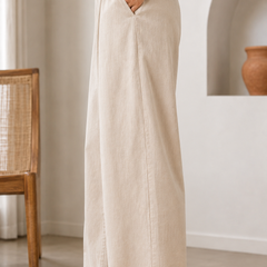 Women’s Beige High-Waisted Wide Leg Linen Pants with Pockets