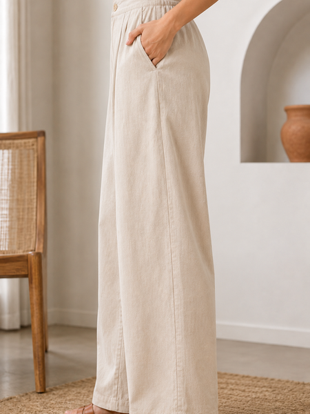 Women’s Beige High-Waisted Wide Leg Linen Pants with Pockets