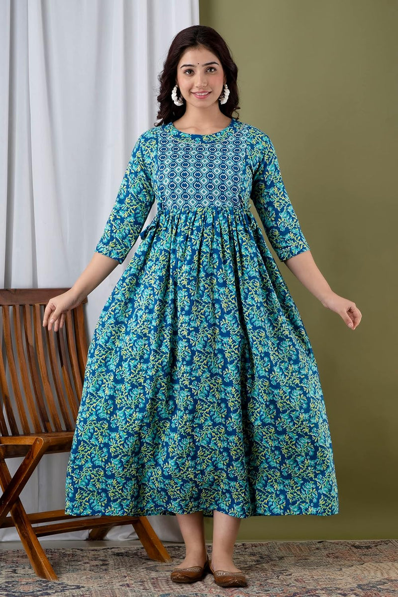 Water Blue - Maternity Feeding Kurti with Zipper | Cotton Floral Printed Pregnancy & Nursing Dress | Comfortable & Stylish Maternity Wear for Women | Breastfeeding Kurta with Zipper | Soft & Elegant