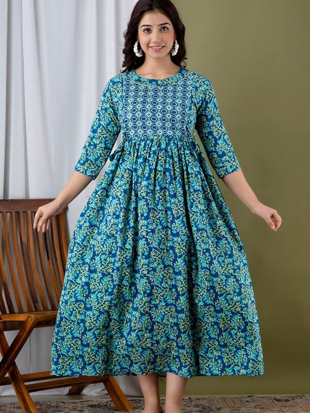 Water Blue - Maternity Feeding Kurti with Zipper | Cotton Floral Printed Pregnancy & Nursing Dress | Comfortable & Stylish Maternity Wear for Women | Breastfeeding Kurta with Zipper | Soft & Elegant