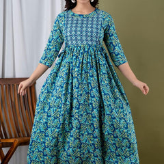 Water Blue - JAIPURFAME Maternity Feeding Kurti with Zipper | Cotton Floral Printed Pregnancy & Nursing Dress | Comfortable & Stylish Maternity Wear for Women | Breastfeeding Kurta with Zipper | Soft & Elegant