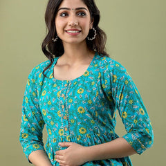 Green - Maternity Feeding Kurti with Zipper | Cotton Floral Printed Pregnancy & Nursing Dress | Comfortable & Stylish Maternity Wear for Women | Breastfeeding Kurta with Zipper | Soft & Elegant