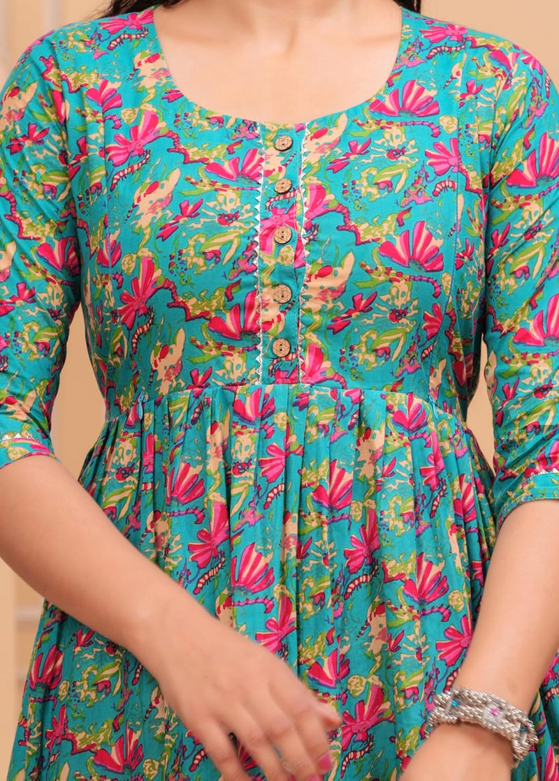 BLUE - JAIPURFAME Women's Stylish Pure Cotton Printed Kurti Gown – Comfortable and Elegant Maternity & Feeding Dress for Women