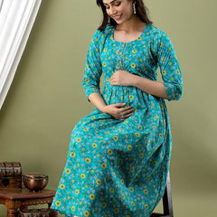 Green - Maternity Feeding Kurti with Zipper | Cotton Floral Printed Pregnancy & Nursing Dress | Comfortable & Stylish Maternity Wear for Women | Breastfeeding Kurta with Zipper | Soft & Elegant