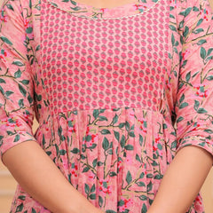 Pink Green Leaf - Maternity Feeding Kurti with Zipper | Cotton Floral Printed Pregnancy & Nursing Dress | Comfortable & Stylish Maternity Wear for Women | Breastfeeding Kurta with Zipper | Soft & Elegant