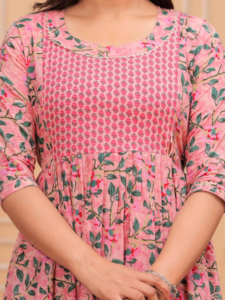 Pink Green Leaf - Maternity Feeding Kurti with Zipper | Cotton Floral Printed Pregnancy & Nursing Dress | Comfortable & Stylish Maternity Wear for Women | Breastfeeding Kurta with Zipper | Soft & Elegant