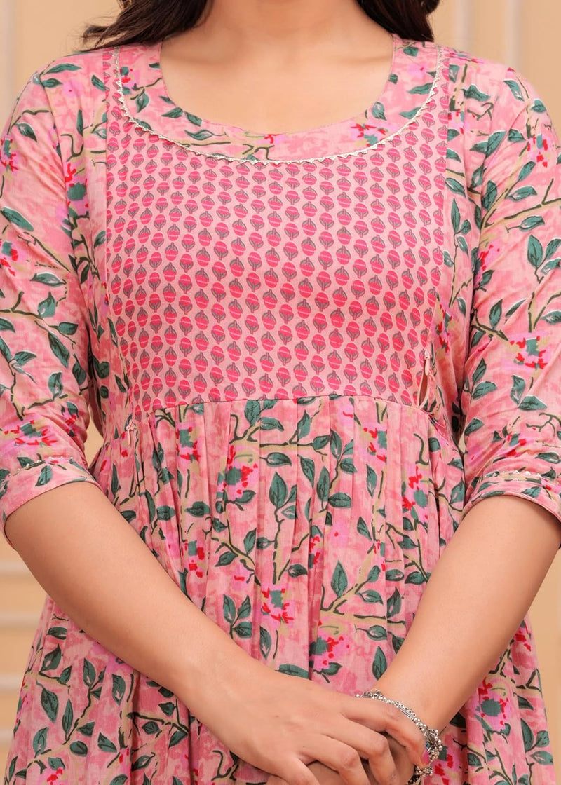 Pink Green Leaf - JAIPURFAME Maternity Feeding Kurti with Zipper | Cotton Floral Printed Pregnancy & Nursing Dress | Comfortable & Stylish Maternity Wear for Women | Breastfeeding Kurta with Zipper | Soft & Elegant
