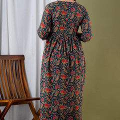 Nevy Blue - JAIPURFAME Maternity Feeding Kurti with Zipper | Floral Handblock Printed Cotton Maternity & Nursing Maxi Dress