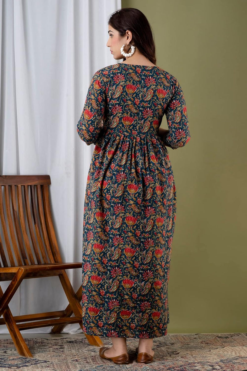 Nevy Blue - Maternity Feeding Kurti with Zipper | Cotton Floral Printed Pregnancy & Nursing Dress | Comfortable & Stylish Maternity Wear for Women | Breastfeeding Kurta with Zipper | Soft & Elegant