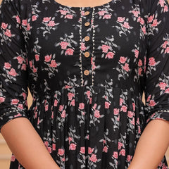 BLACK - Women's Stylish Pure Cotton Printed Kurti Gown – Comfortable and Elegant Maternity & Feeding Dress for Women