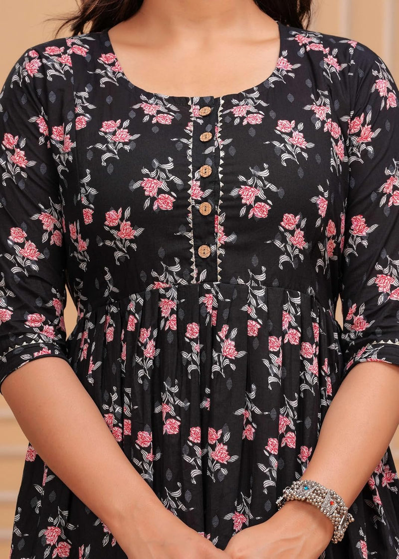 Black Pink Floral - Maternity Feeding Kurti with Zipper | Cotton Floral Printed Pregnancy & Nursing Dress | Comfortable Maternity Wear for Women | Breastfeeding Kurta Set with Zip | Stylish & Soft