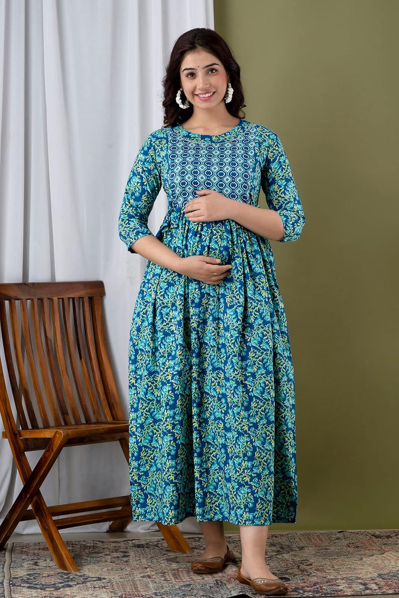 Water Blue - Maternity Feeding Kurti with Zipper | Cotton Floral Printed Pregnancy & Nursing Dress | Comfortable & Stylish Maternity Wear for Women | Breastfeeding Kurta with Zipper | Soft & Elegant