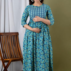 Water Blue - Maternity Feeding Kurti with Zipper | Cotton Floral Printed Pregnancy & Nursing Dress | Comfortable & Stylish Maternity Wear for Women | Breastfeeding Kurta with Zipper | Soft & Elegant