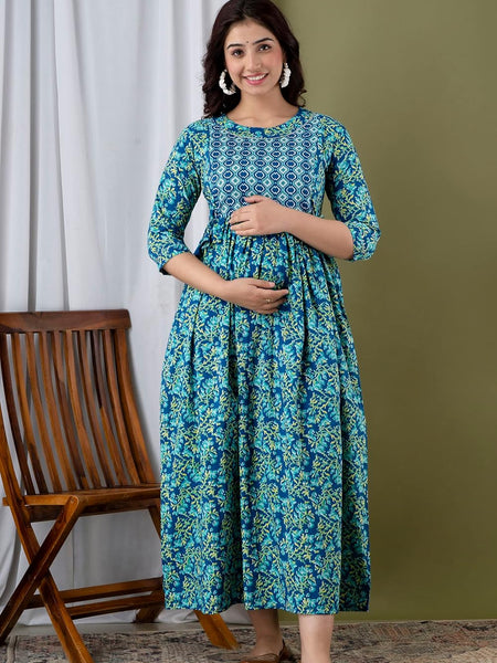 Water Blue - JAIPURFAME Maternity Feeding Kurti with Zipper | Cotton Floral Printed Pregnancy & Nursing Dress | Comfortable & Stylish Maternity Wear for Women | Breastfeeding Kurta with Zipper | Soft & Elegant