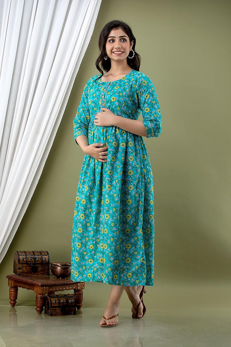 Green - Maternity Feeding Kurti with Zipper | Cotton Floral Printed Pregnancy & Nursing Dress | Comfortable & Stylish Maternity Wear for Women | Breastfeeding Kurta with Zipper | Soft & Elegant