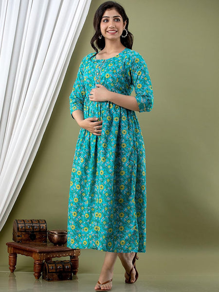 Green - JAIPURFAME Maternity Feeding Kurti with Zipper | Cotton Floral Printed Pregnancy & Nursing Dress | Comfortable & Stylish Maternity Wear for Women | Breastfeeding Kurta with Zipper | Soft & Elegant