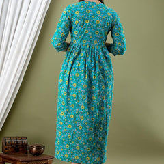 Green - Maternity Feeding Kurti with Zipper | Cotton Floral Printed Pregnancy & Nursing Dress | Comfortable & Stylish Maternity Wear for Women | Breastfeeding Kurta with Zipper | Soft & Elegant