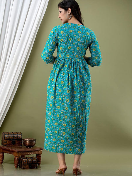 Green - Maternity Feeding Kurti with Zipper | Cotton Floral Printed Pregnancy & Nursing Dress | Comfortable & Stylish Maternity Wear for Women | Breastfeeding Kurta with Zipper | Soft & Elegant