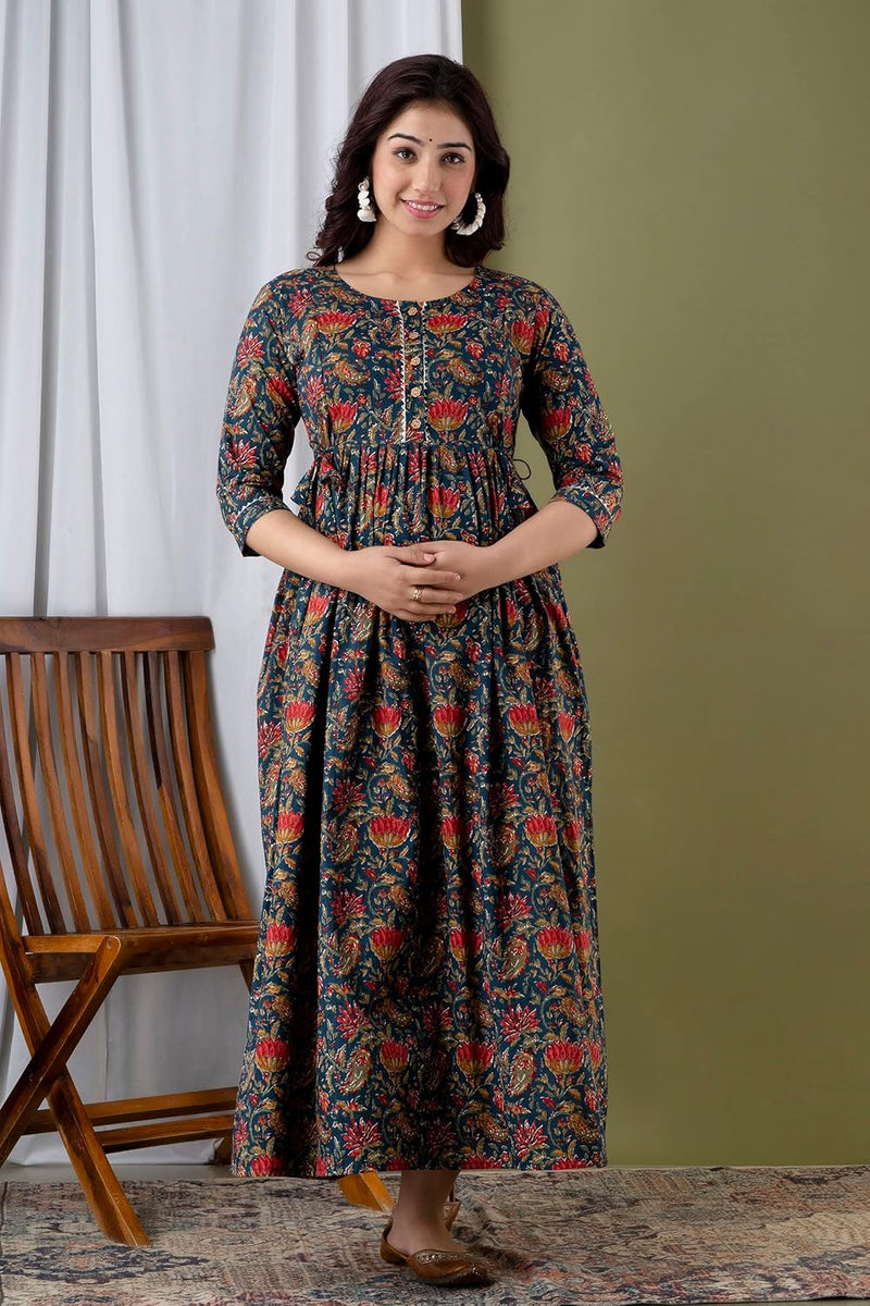 Nevy Blue - Maternity Feeding Kurti with Zipper | Cotton Floral Printed Pregnancy & Nursing Dress | Comfortable & Stylish Maternity Wear for Women | Breastfeeding Kurta with Zipper | Soft & Elegant
