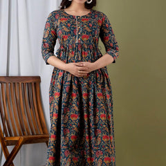 Nevy Blue - JAIPURFAME Maternity Feeding Kurti with Zipper | Floral Handblock Printed Cotton Maternity & Nursing Maxi Dress