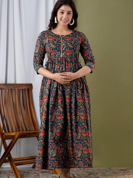 Nevy Blue - JAIPURFAME Maternity Feeding Kurti with Zipper | Floral Handblock Printed Cotton Maternity & Nursing Maxi Dress