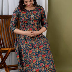 Nevy Blue - Maternity Feeding Kurti with Zipper | Cotton Floral Printed Pregnancy & Nursing Dress | Comfortable & Stylish Maternity Wear for Women | Breastfeeding Kurta with Zipper | Soft & Elegant