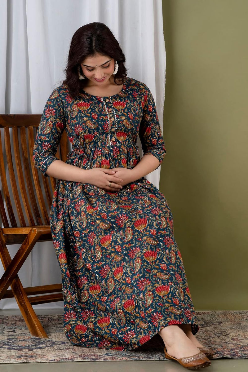 Nevy Blue - JAIPURFAME Maternity Feeding Kurti with Zipper | Floral Handblock Printed Cotton Maternity & Nursing Maxi Dress