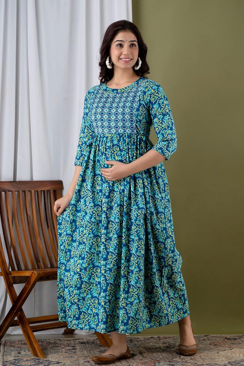 Water Blue - JAIPURFAME Maternity Feeding Kurti with Zipper | Cotton Floral Printed Pregnancy & Nursing Dress | Comfortable & Stylish Maternity Wear for Women | Breastfeeding Kurta with Zipper | Soft & Elegant
