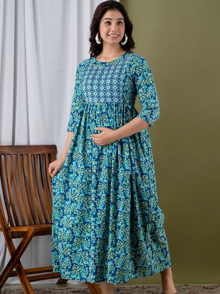 Water Blue - JAIPURFAME Maternity Feeding Kurti with Zipper | Cotton Floral Printed Pregnancy & Nursing Dress | Comfortable & Stylish Maternity Wear for Women | Breastfeeding Kurta with Zipper | Soft & Elegant